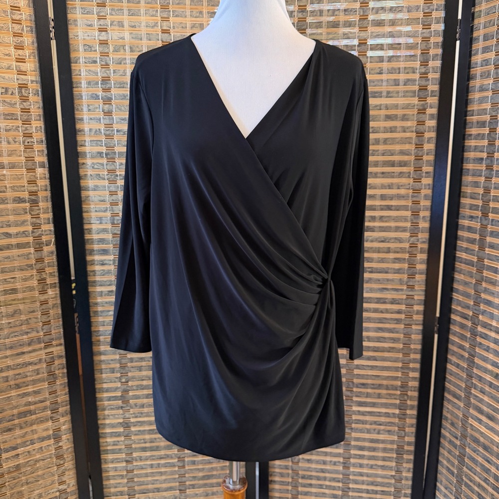 NIC+ZOE Wrap Tunic Top Women XL Black Long Sleeve V-Neck Drape Jersey